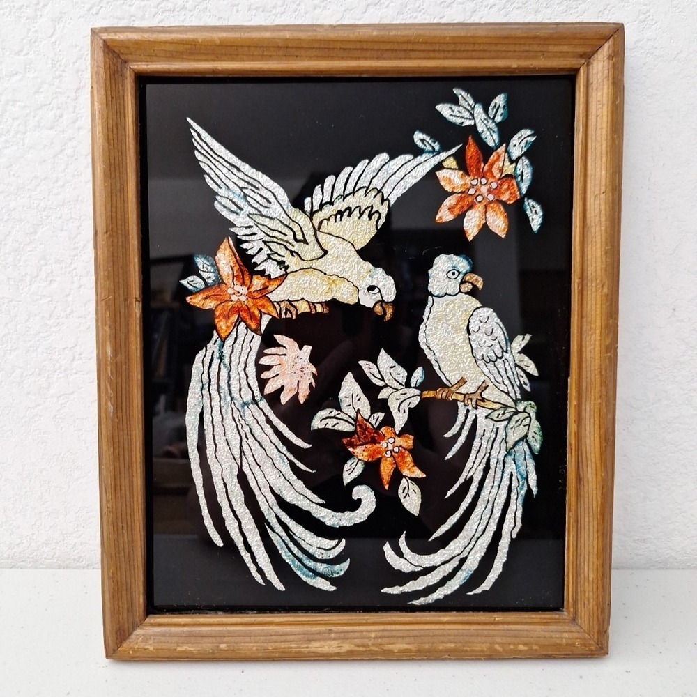 Antique REVERSE PAINTING GLASS FOIL Folk Art BIRDS ON BRANCH Tinsel Painting